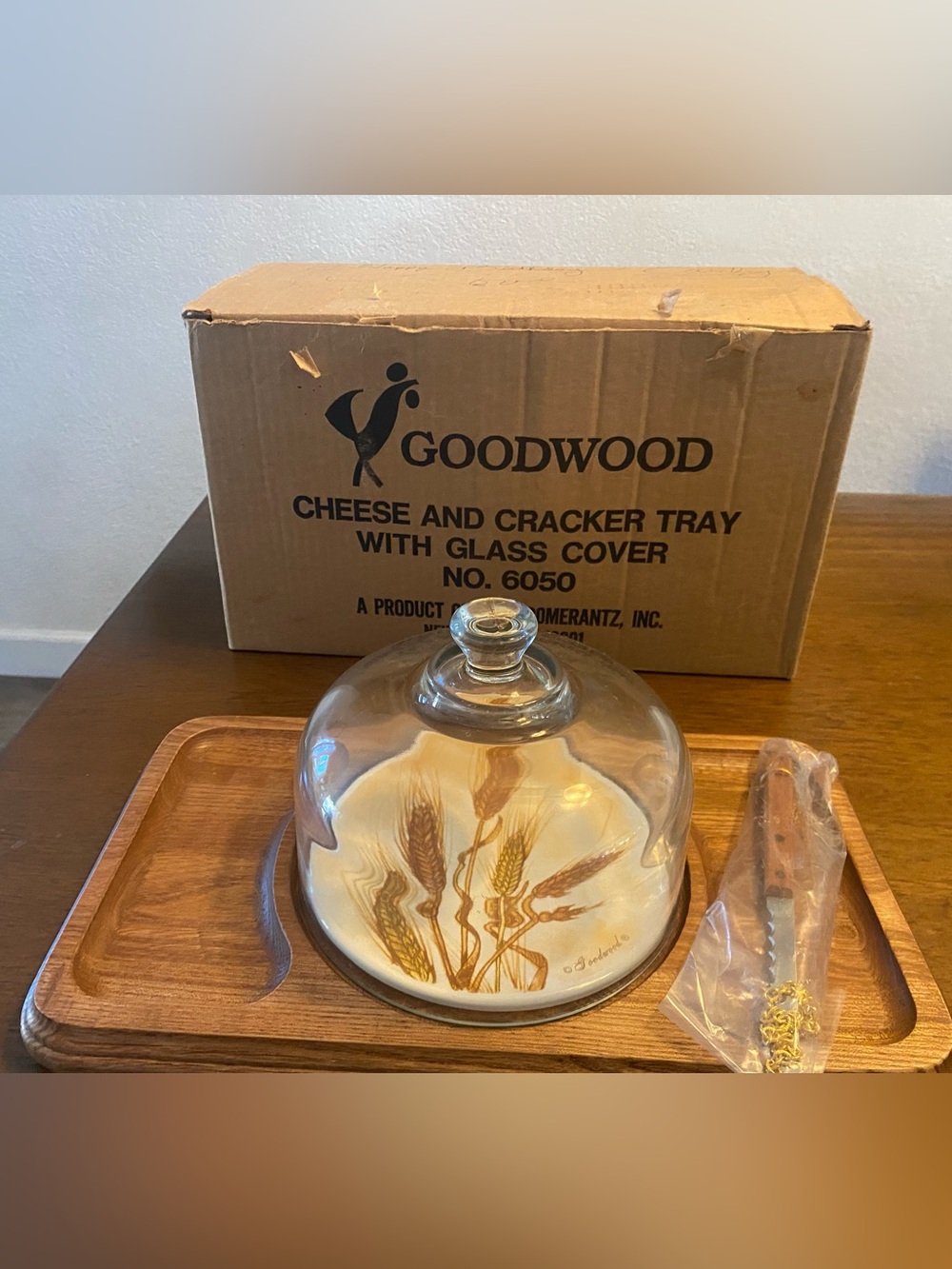 New vintage Goodwood Glass Cheese & Cracker Tray with Wheat Motif